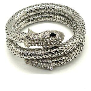 Silver Snake Memory Wire Bracelet Clear Rhinestones & Black Eyes Adjustable